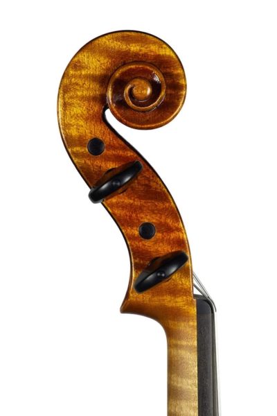 Violin labeled and by Nicolas Gilles, Villeneuvette 2023, copy of the 'Violon du Diable' Guarneri 'del Gesu' 1734 Scroll Side 1